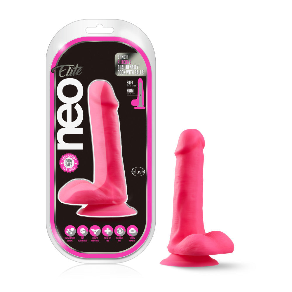 Neo Elite By Blush® | Neon Pink: 6.5-Inch Long Dildo - Made with Purio™ Silicone & SensaFeel® Dual Density Realistic Technology