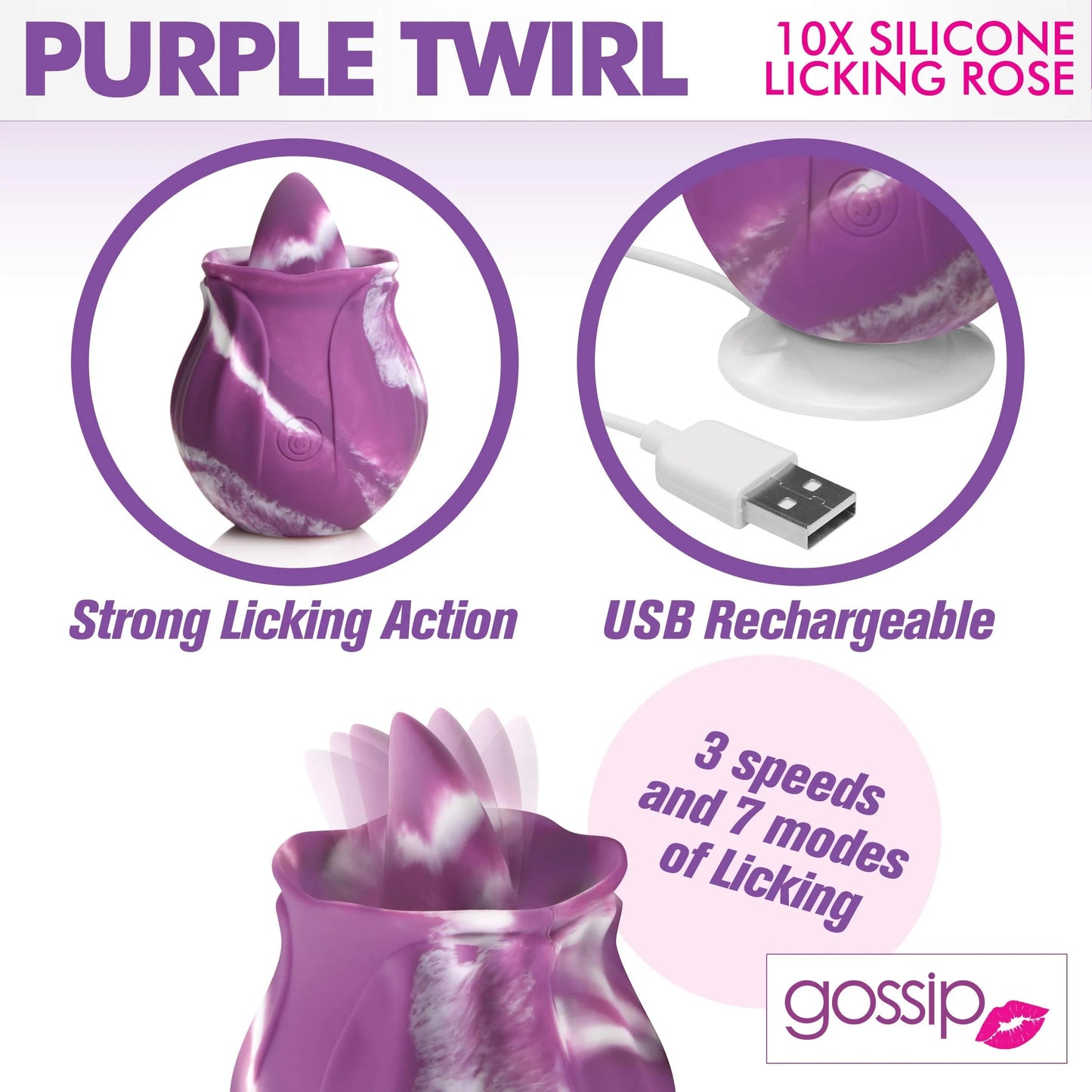 Gossip Licking Rose 10 Function Rechargeable Silicone - Purple Twirl