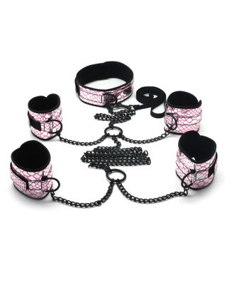 Spartacus Faux Leather Collar to Wrist & Ankle Restraints Bondage Kit w/Leash - Pink