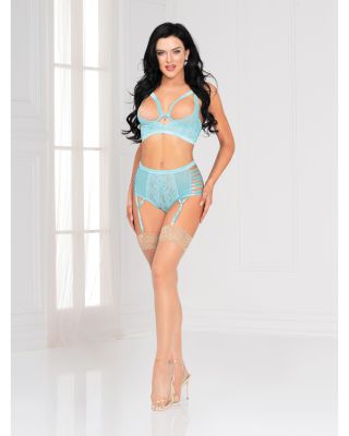 Floral Lace Underwire Quarter Cup Bra & High Waist Panty w/Attached Garters Blue MD